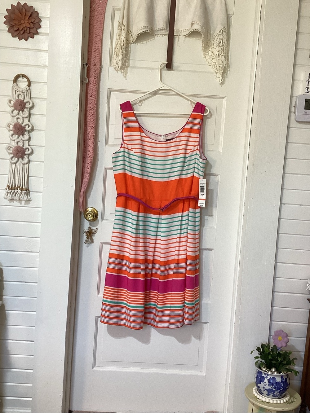 Tiana B. Striped Orange, Pink, White & Teal Sleeveless Dress